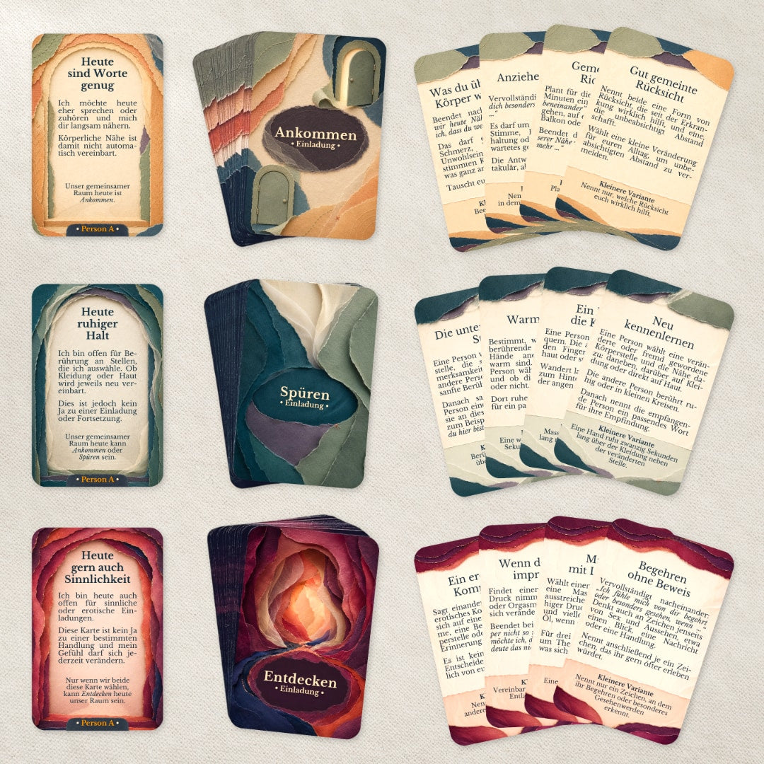 WiederNah Karten aus den drei Spielräumen Ankommen, Spüren und Entdecken mit Beispiel-Einladungen